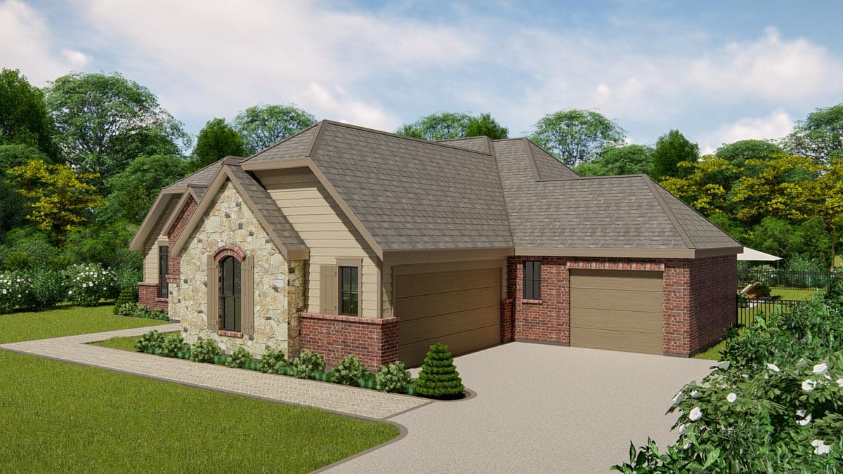 House plan exterior with stone and brick facade, gabled roof, and three-car garage.