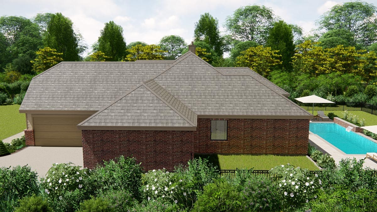 House plan exterior: Ranch-style, brick facade with a two-car garage, intersecting gables, and a side view of a swimming pool.