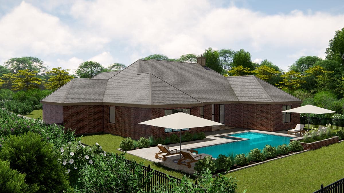 House plan exterior: one-story brick residence with a hip roof, chimney, and swimming pool with patio.