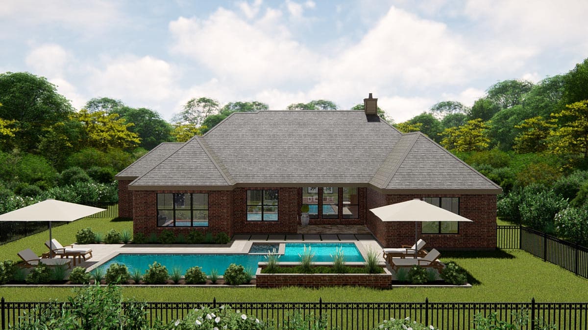 House plan exterior: one-story brick home with gray roof, multiple gables, and a rear pool with spa.