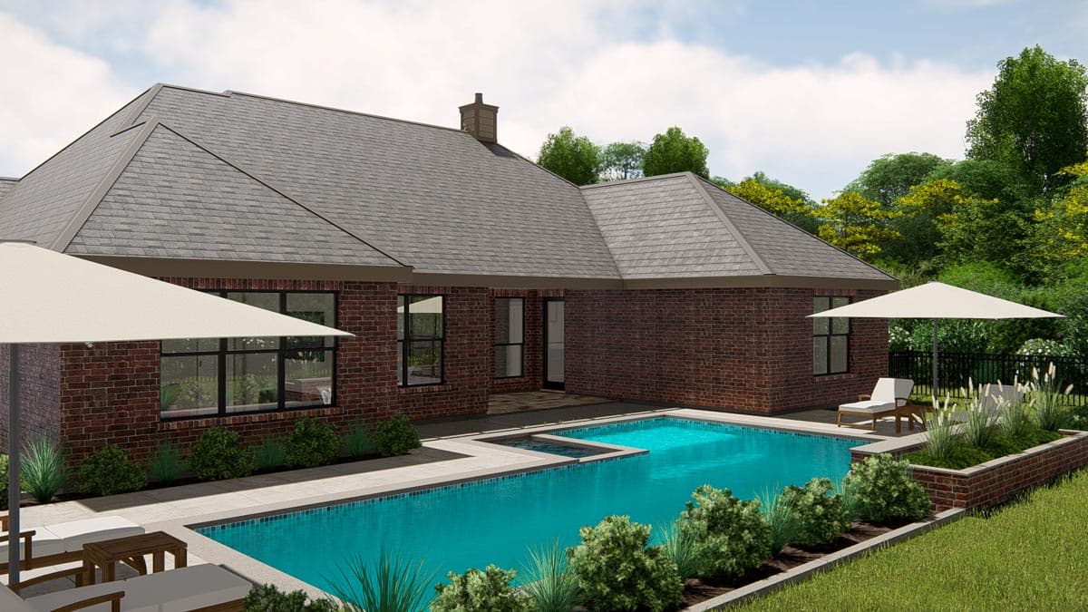 House plan exterior rendering of a single-story brick home with a dark gray roof, pool, and patio.