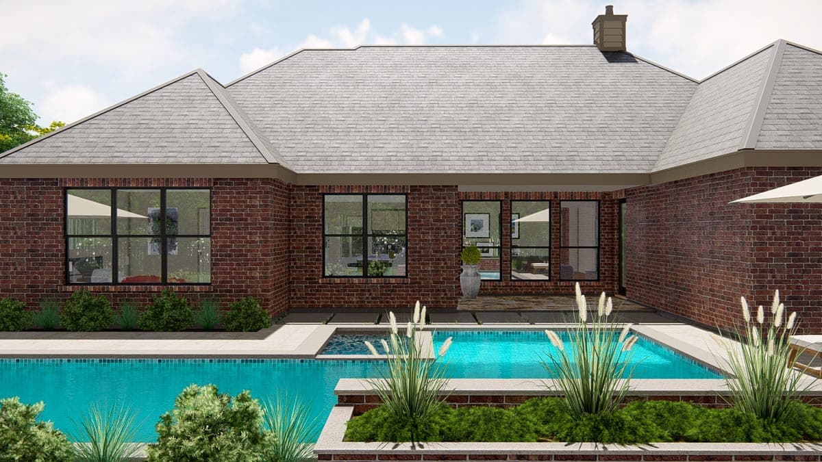 House plan exterior with brick walls, multiple gables, a chimney, and a swimming pool.