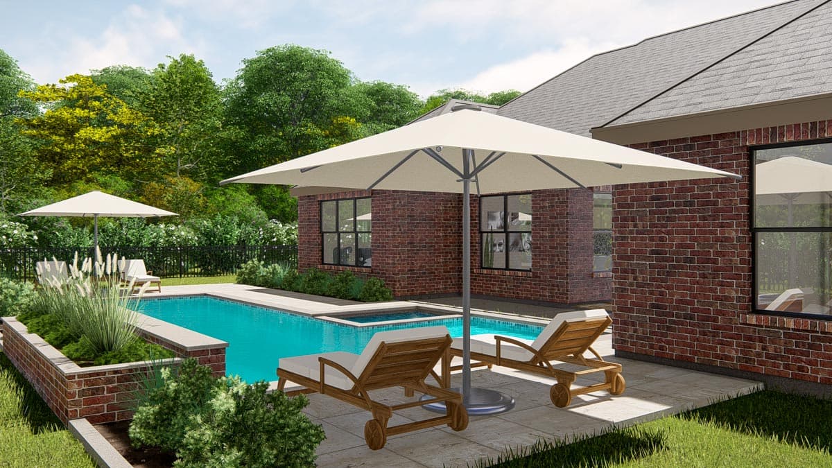 House plan exterior with a brick facade, dark-shingled roof, and a backyard swimming pool with lounge chairs and umbrellas.