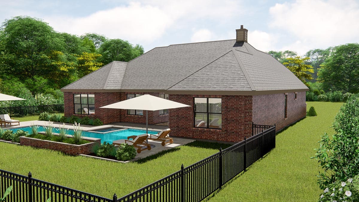 House plan exterior: one-story brick house with hip roof, prominent chimney, and backyard pool.