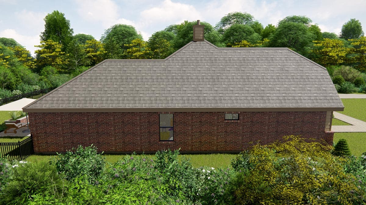 House plan exterior: one-story brick residence with a hip roof and a prominent chimney. Features include multiple windows and partial view of a patio.