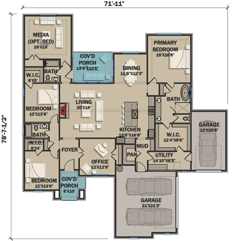 Plan 25425TF: 3-Bed Rustic Ranch House Plan with 3-Car Garage and Office - Floor Plan - Main Level - Cottage, Country, Craftsman, European, French Country, Mountain, Ranch, Rustic, Southern, Traditional
