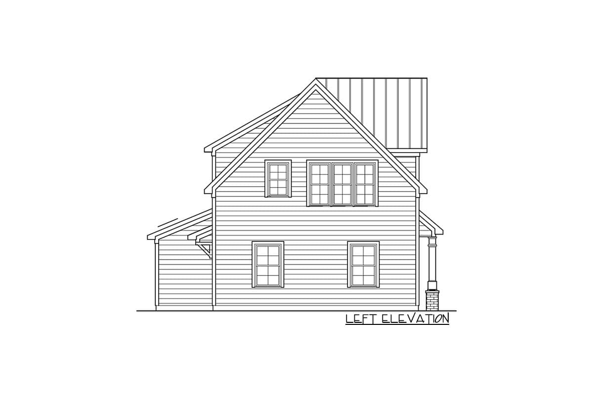 Left elevation drawing of a two-story house plan with gabled roof, metal roof section, and multiple windows.