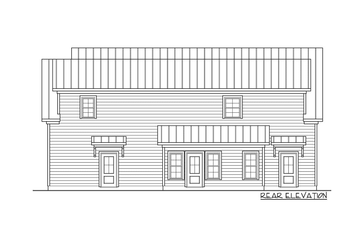 Rear elevation floor plan drawing of a two-story house with siding, multiple windows, and covered doorways.