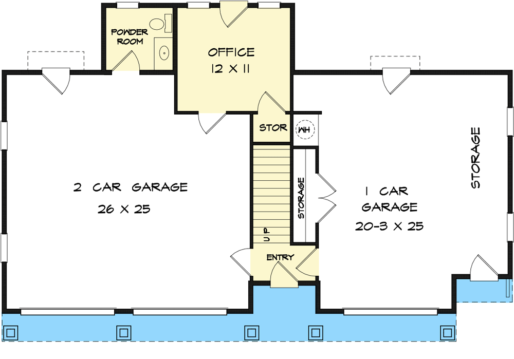Plan 360110DK: 3-Car Garage with Office and 1-Bed Apartment Above Under 1500 Square Feet - Floor Plan - Main Level - Carriage, Cottage, Country, Craftsman, Traditional