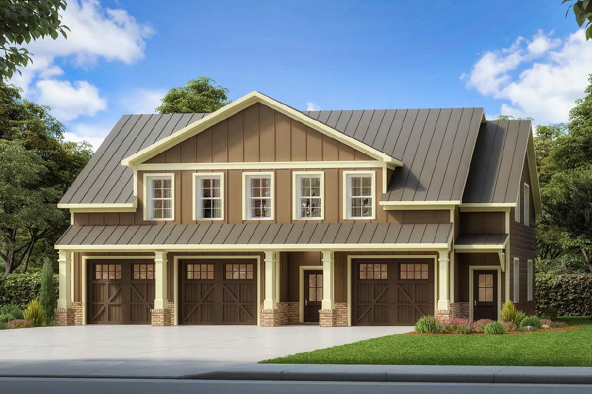 House plan exterior. Two-story Craftsman home with a gabled roof, three-car garage, and a covered porch. Features include dormers and stone accents.