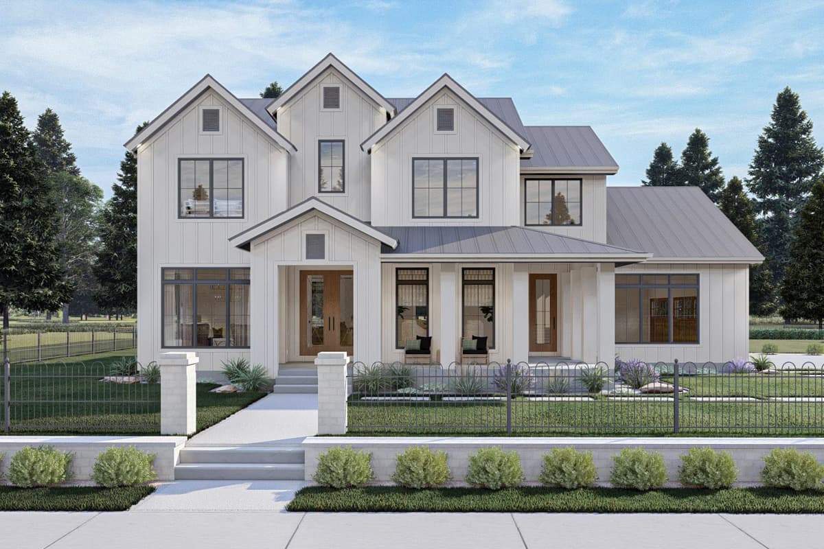 House plan exterior. Modern Farmhouse style, two stories. Features include a front porch, multiple gables, and vertical siding, and a metal roof.