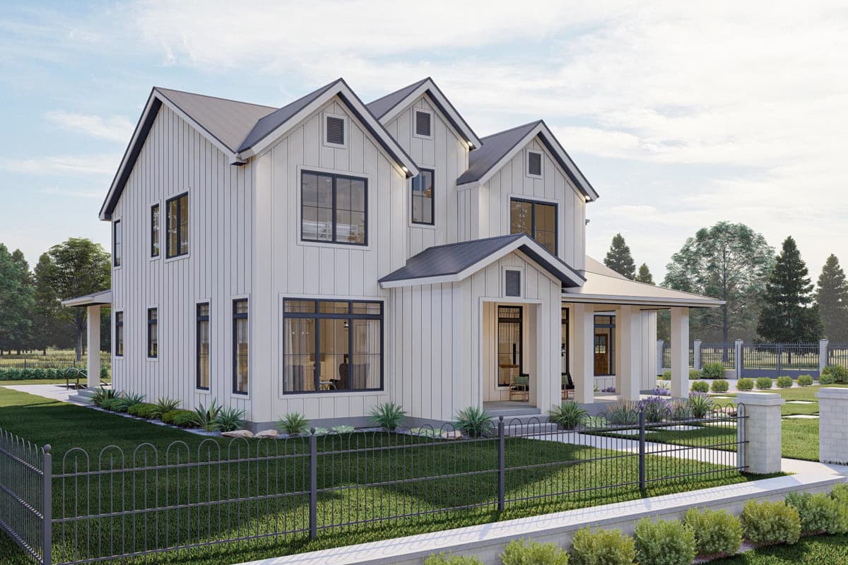 Modern Farmhouse house plan exterior with board-and-batten siding, multiple gables, and a covered front porch.