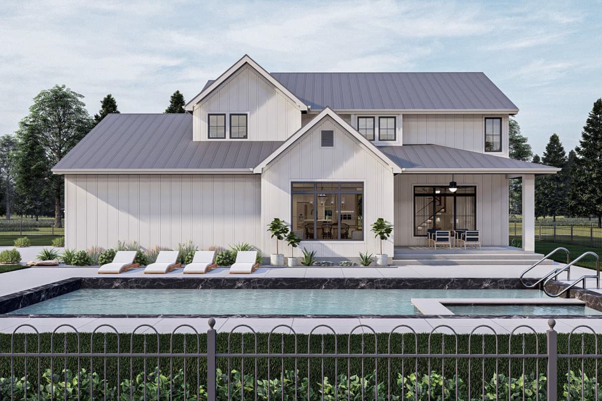 Modern Farmhouse house plan exterior with white board-and-batten siding, gables, dormers, and a metal roof.