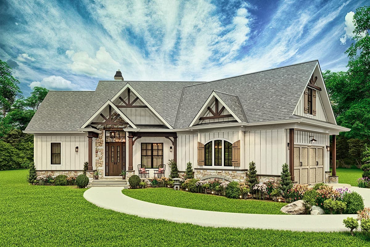 House plan exterior: One-story Modern Farmhouse with board and batten siding, gabled rooflines, stone accents, and a two-car garage.