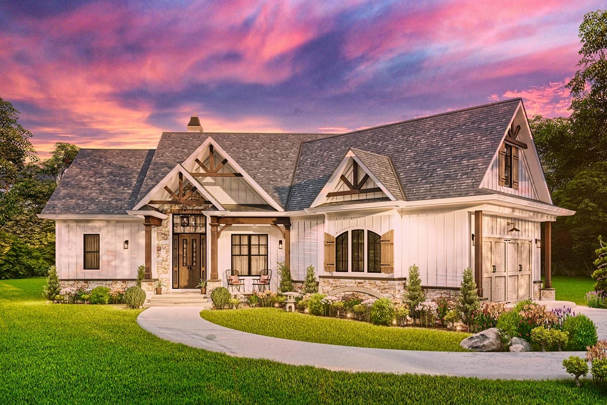 Modern Farmhouse house plan exterior. One story with prominent gables, exposed wood beams, stone accents, and a two-car garage.