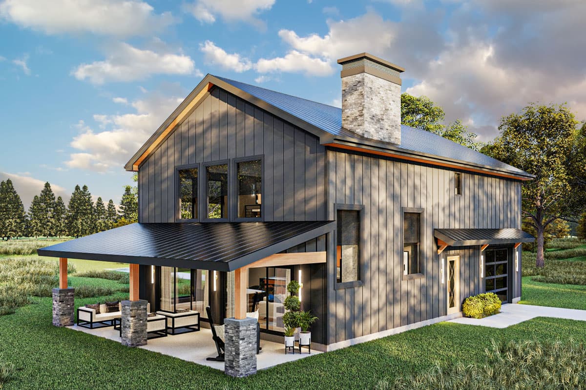 House plan exterior. Two-story Modern Farmhouse with a covered porch, board and batten siding, and a gabled roof. A chimney is also visible.