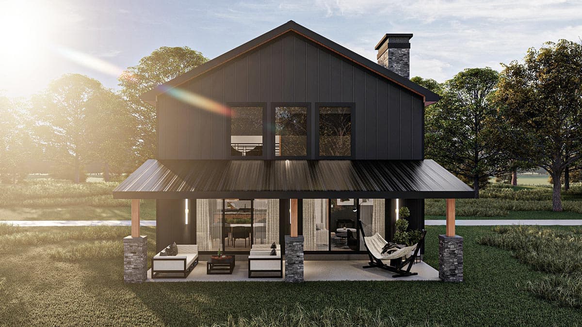 Modern farmhouse style house plan exterior. Two stories, dark metal siding, gable roof, covered porch with stone-clad columns.