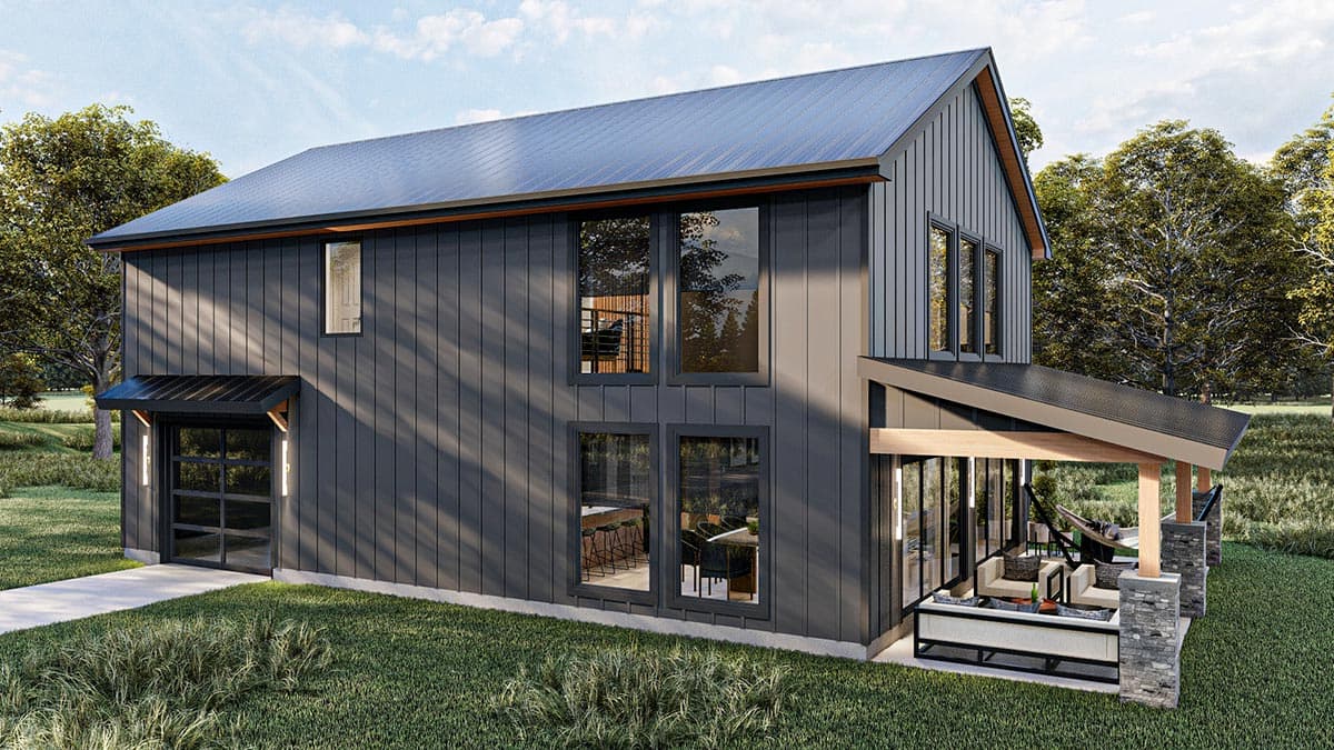 Modern house plan exterior: two stories, vertical siding, metal roof, garage, and covered patio with stone pillars.