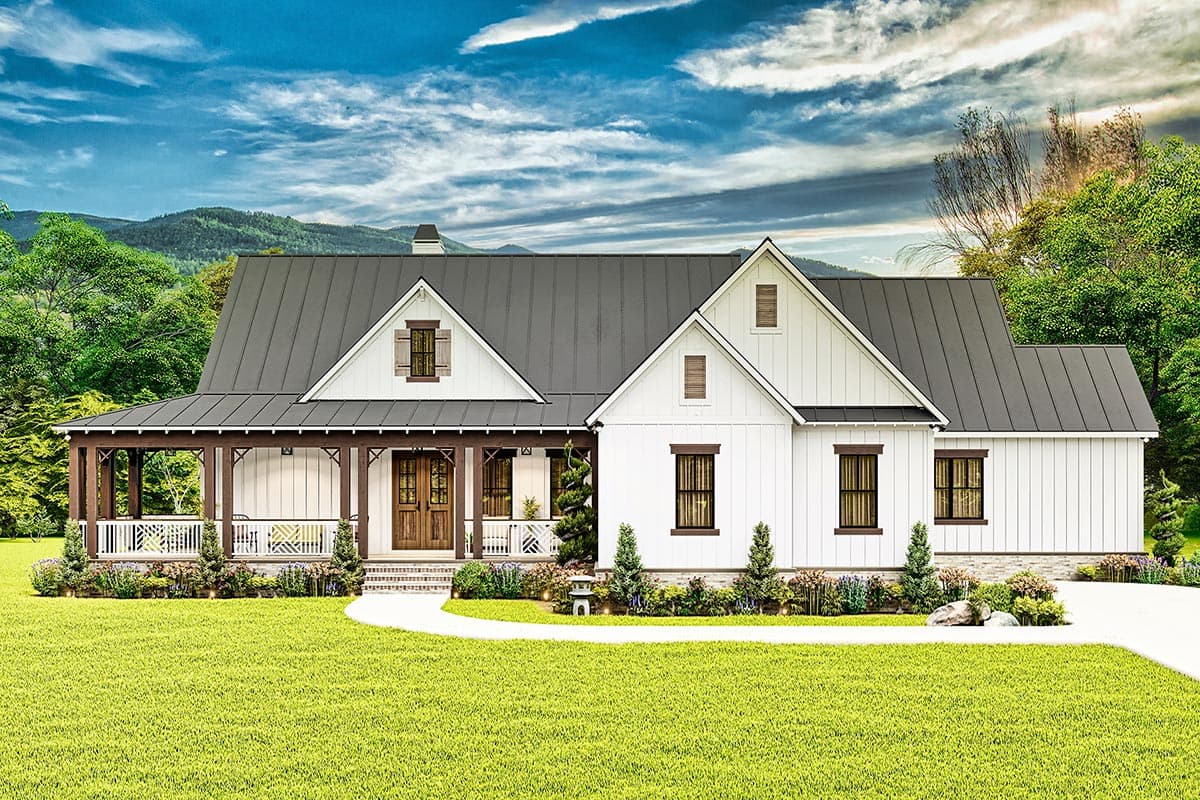 House plan exterior: Modern Farmhouse style, one story, with a wraparound porch, prominent gables, and board and batten siding.