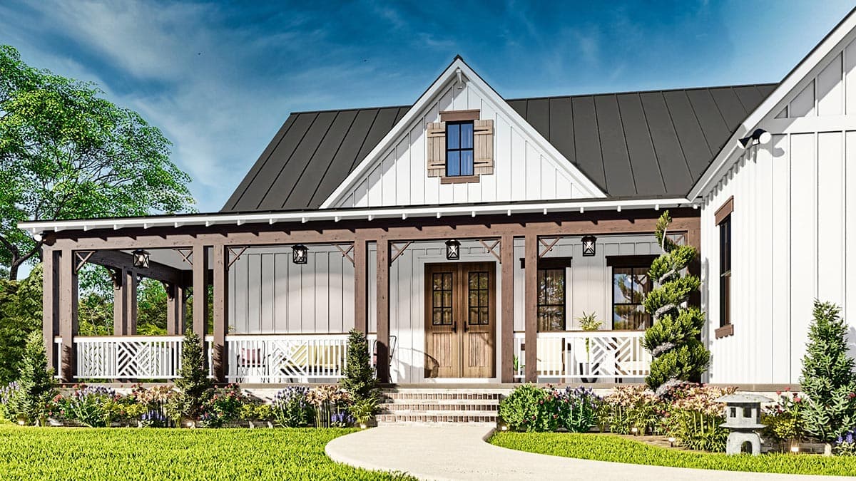 Modern Farmhouse house plan exterior with a wraparound porch, metal roof, gables, and board and batten siding.