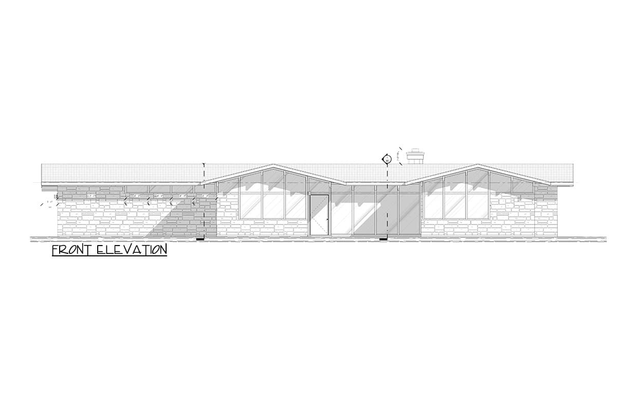 Front elevation drawing of a single-story house with stone base, large glass windows, and pitched rooflines.