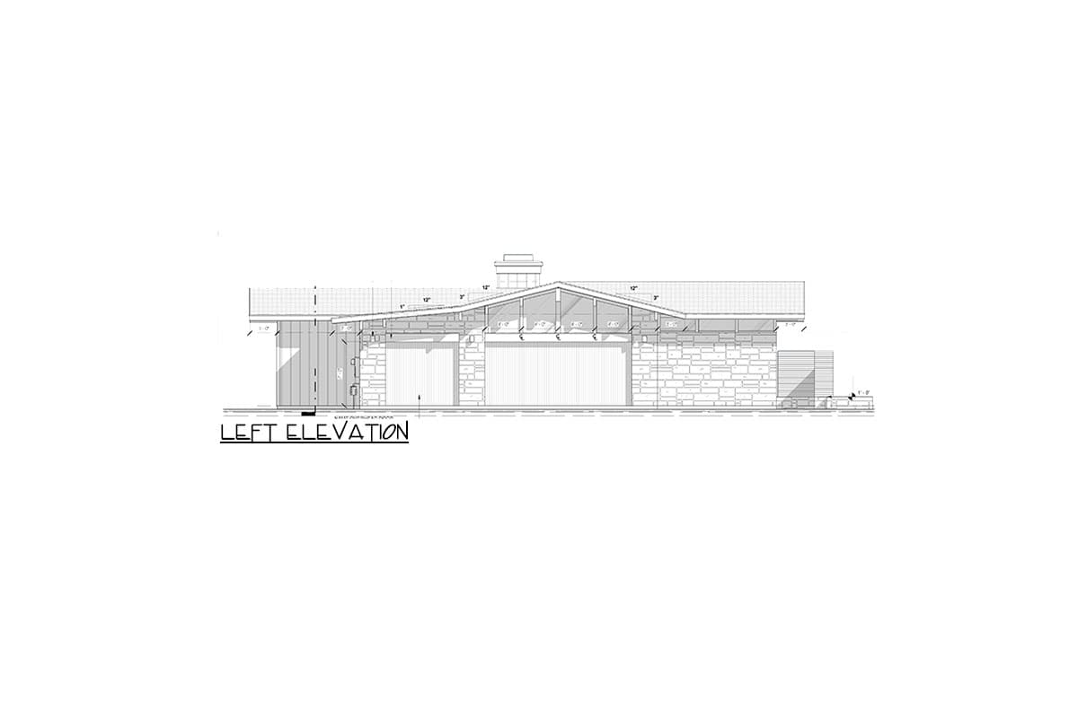 Left elevation drawing of a house plan showing stone facade, two garage doors, and a prominent gable roof with glass.