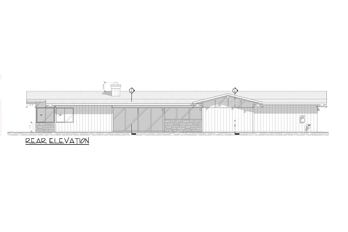 Rear elevation drawing of a single-story house plan with horizontal siding, stone accents, large windows, and a gabled dormer.