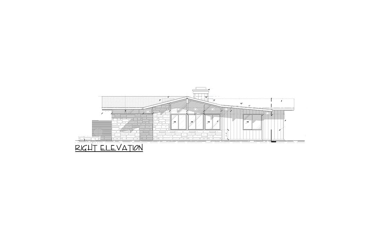 Right elevation drawing of a single-story house plan with stone and vertical siding, a pitched roof, and multiple windows.