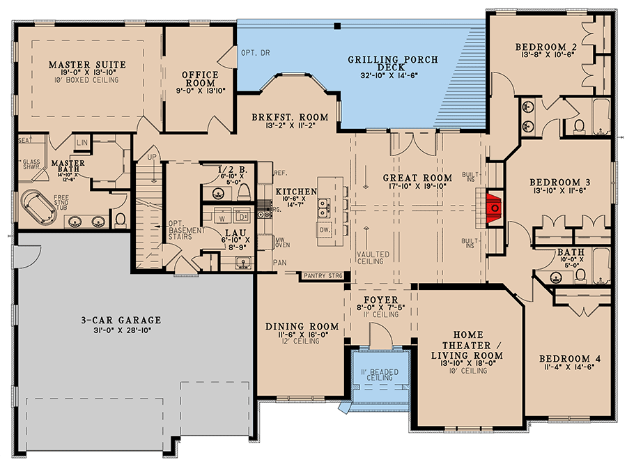 Plan 70797MK: 3000 Square Foot 4 Bed House Plan with a Brick Exterior and Bonus Expansion - Floor Plan - Main Level - Ranch, Traditional, Transitional