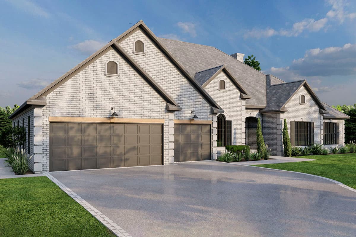 House plan exterior rendering shows a one-story home with a three-car garage, white brick facade, multiple gables, and arched entry.