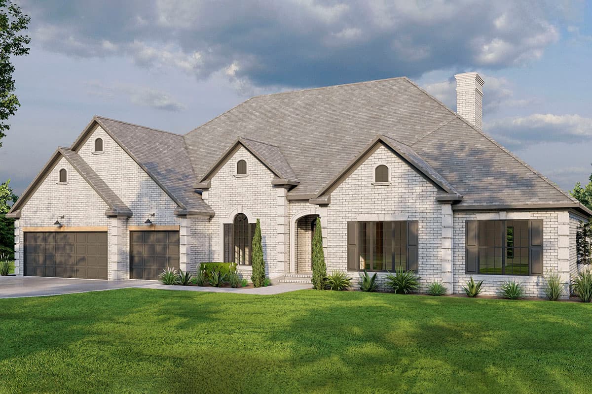 House plan exterior: One-story white brick home with a hip roof, three gables, and a three-car garage.