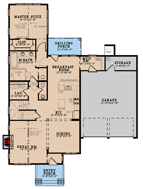 Plan 70798MK: New American Cottage Just Under 2000 Square Feet with 2-Story Great Room - Floor Plan - Main Level - Cottage, Country, Craftsman, New American