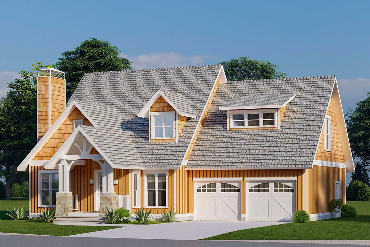 House plan exterior: Two-story Modern Farmhouse with shingle siding, a prominent stone chimney, and a two-car garage.