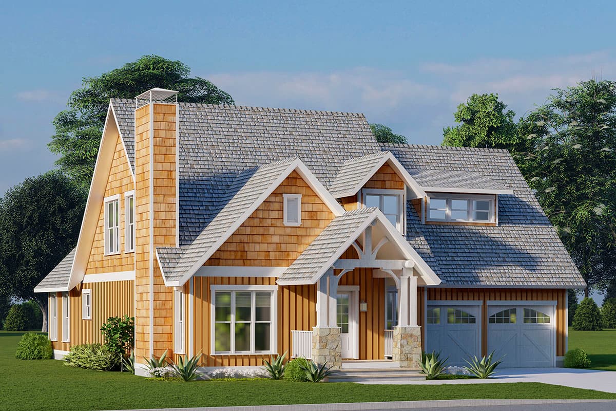 House plan exterior of a two-story home with cedar shake siding, a prominent stone chimney, and a covered front entry with arched beams.