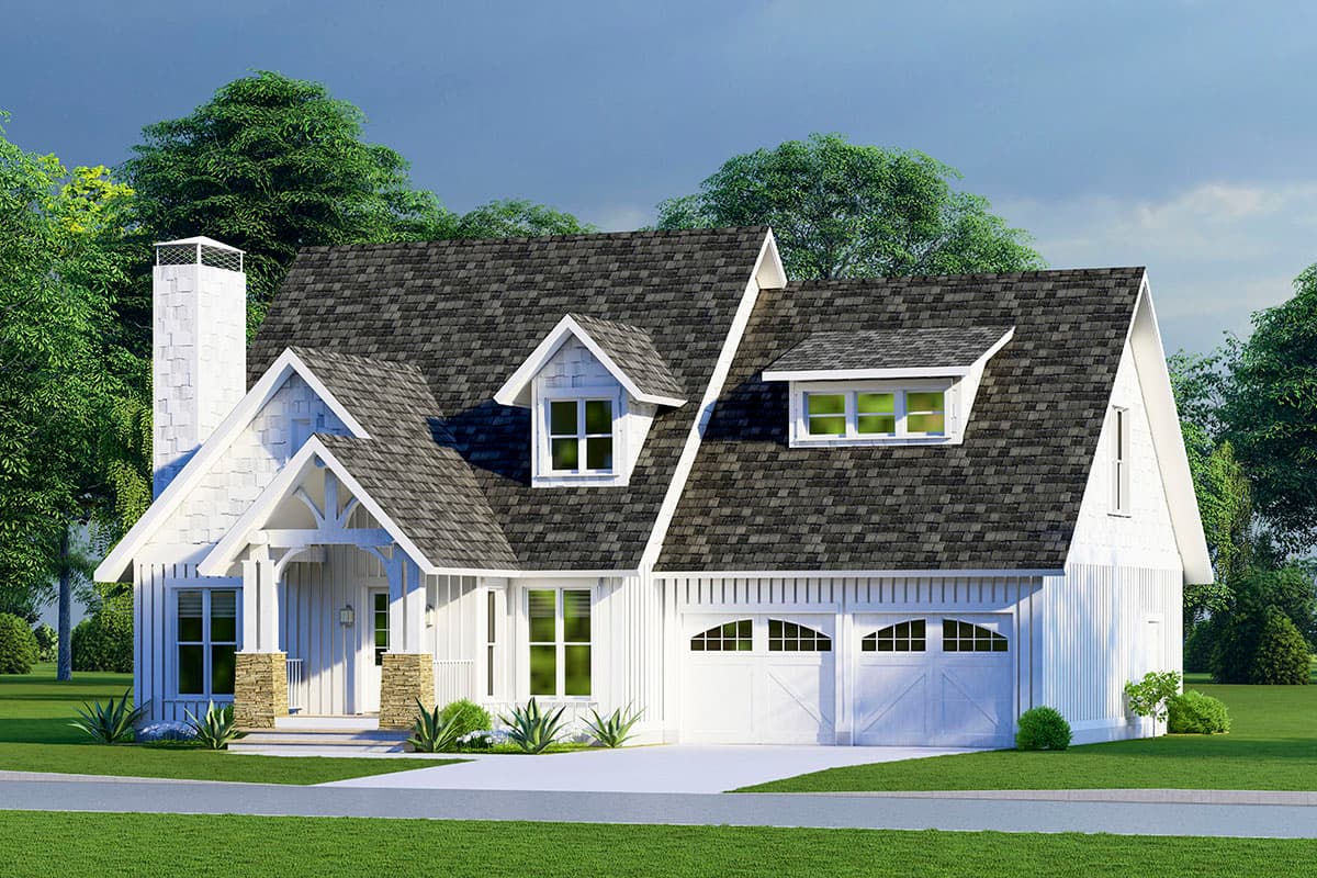 House plan exterior: Two-story Modern Farmhouse with gables, a covered porch, and a two-car garage. Features dormers and a chimney.