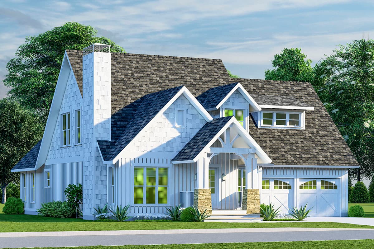 House plan exterior of a two-story Modern Farmhouse with a prominent gable, stone-accented porch, dormers, and a side-facing garage.