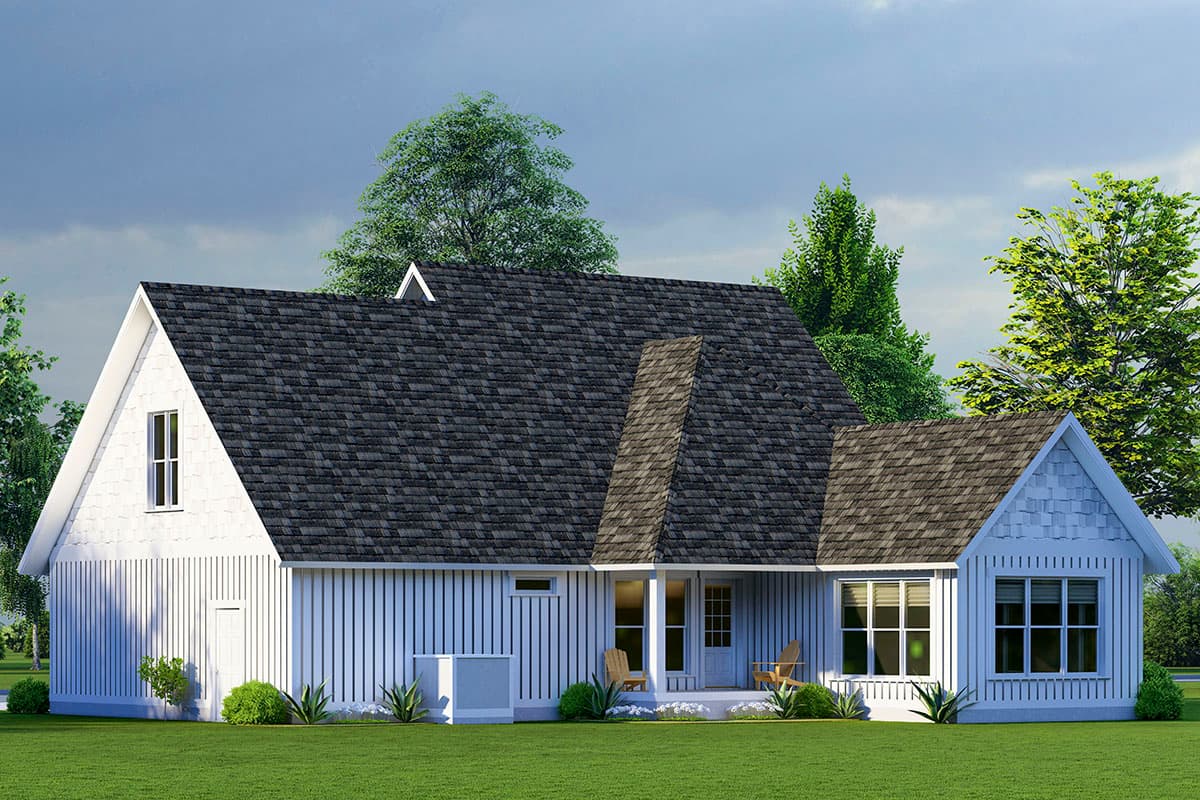 House plan exterior: Modern Farmhouse style, one story, gable roof, vertical siding, covered porch, and large windows.