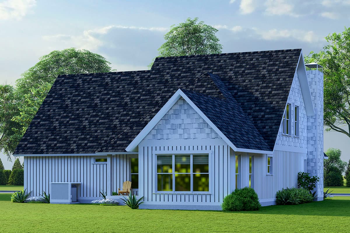 House plan exterior rendering of a two-story Modern Farmhouse with vertical siding, gables, and a prominent stone chimney.