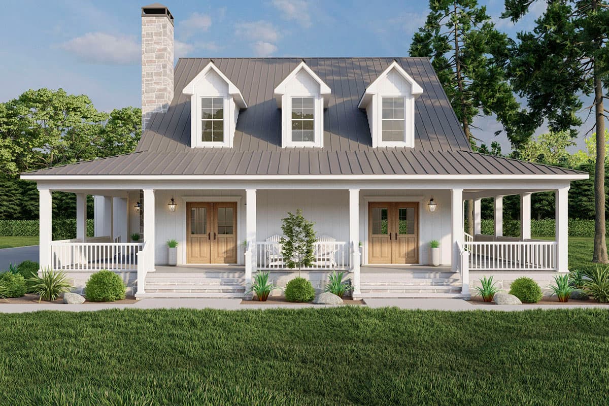 House plan exterior with farmhouse style, front porch, three roof dormers, and stone chimney. Features dual front entry doors.