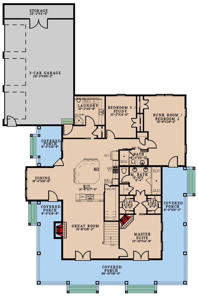 Plan 70799MK: Modern Farmhouse with Matching French Door Entries, Wraparound Porch, and a Pet Shower - 2182 Sq Ft - Floor Plan - Main Level - Cottage, Country, Farmhouse, Modern Farmhouse, New American, Traditional