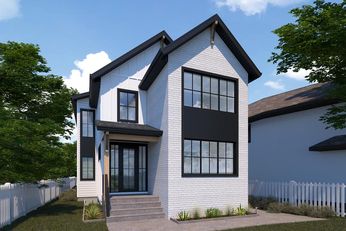 House plan exterior. Two-story Modern Farmhouse with gabled roof, brick facade, board and batten siding, and a covered front entry porch.