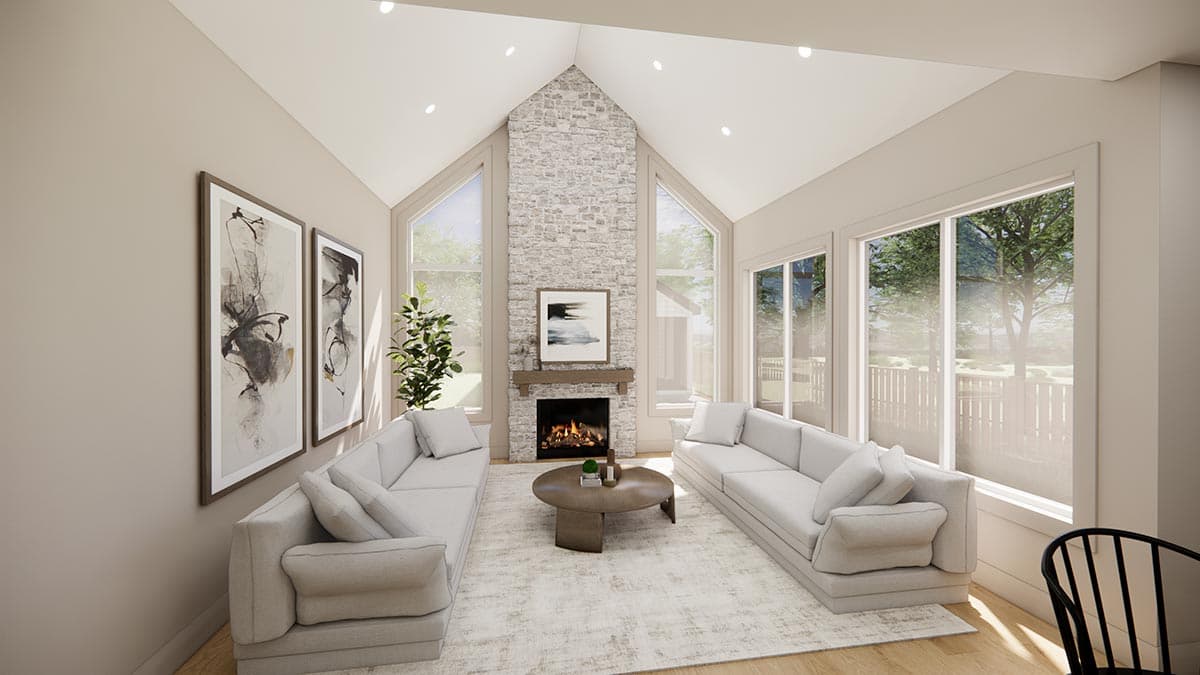 Living room with vaulted ceiling, stone fireplace, large windows, and two sofas. Architectural rendering.