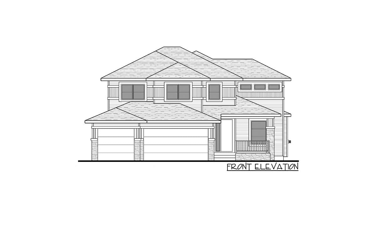 Front elevation drawing of a two-story house with a two-car garage, covered entryway, and multiple rooflines.