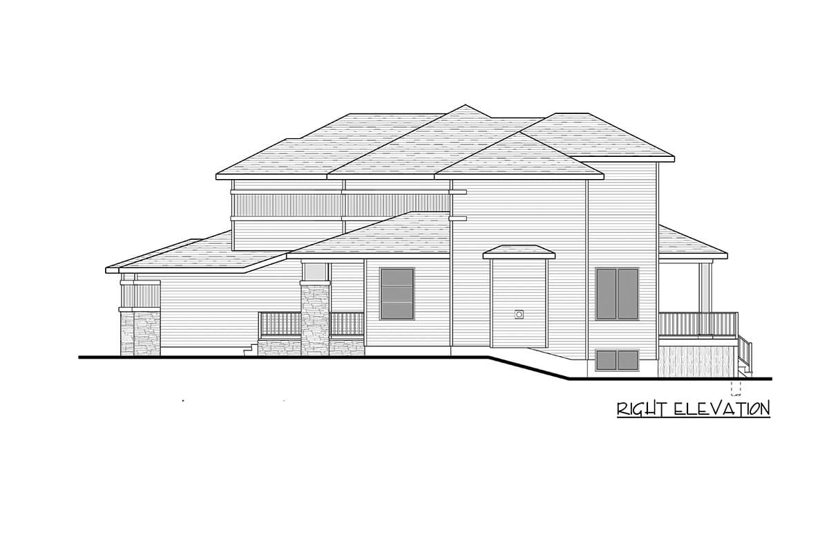 Right elevation house plan with multiple rooflines, stone accents on porch columns, and a rear deck.