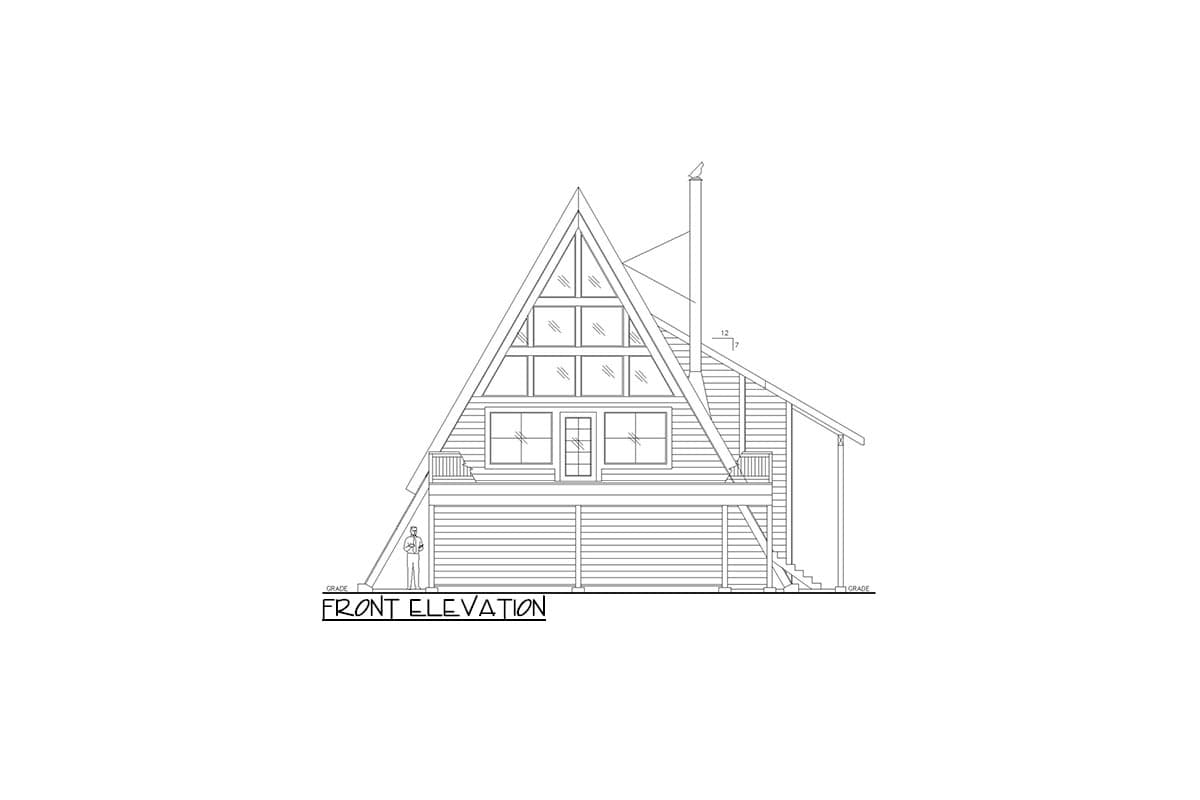 Front elevation drawing of a-frame house with large gable windows, deck, and garage.