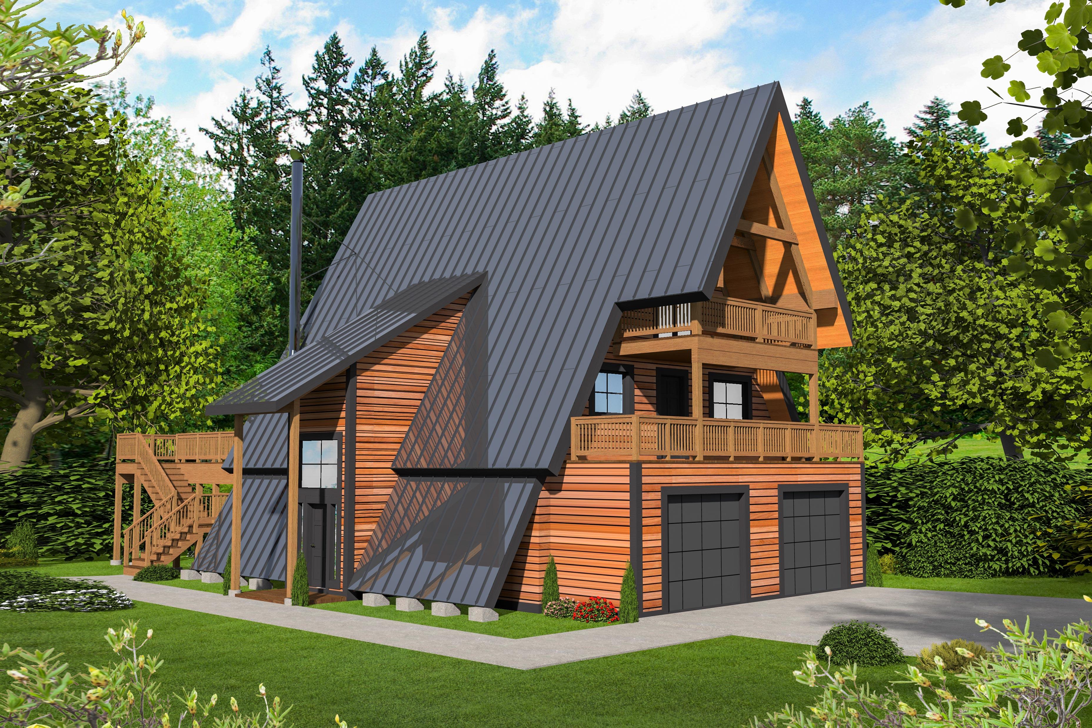 House plan exterior: Modern A-frame with metal roof, wood siding, two-story balconies, and a three-car garage.