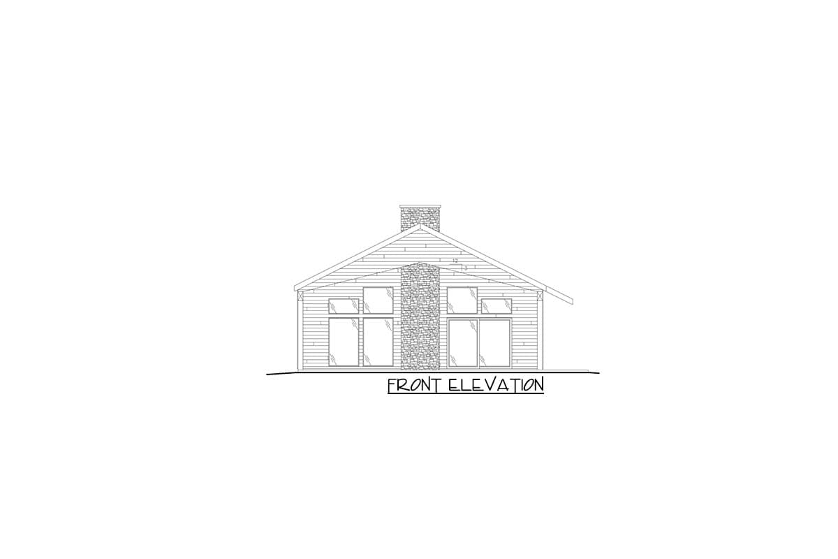 Front elevation drawing of a house plan with horizontal siding, a central stone chimney, and large windows.
