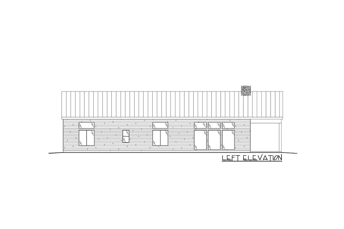 Left elevation drawing of a house plan showing horizontal siding, a metal roof, windows, a chimney, and a garage door.