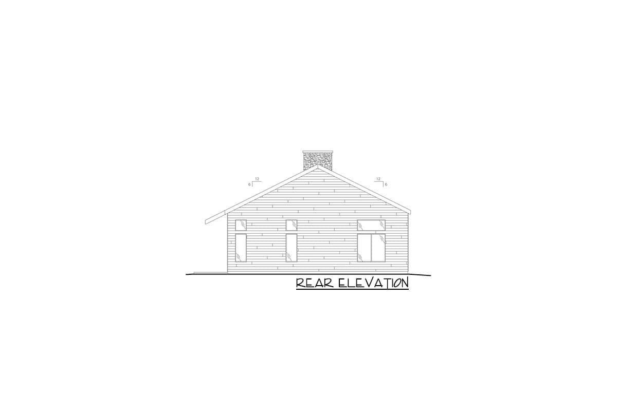Rear elevation drawing of a house plan showing horizontal siding, a gable roof, and a stone chimney.