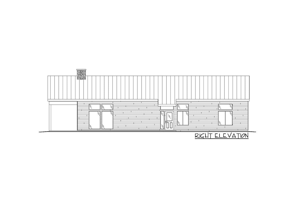 House plan right elevation drawing with horizontal siding, pitched roof, chimney, garage door, and windows.